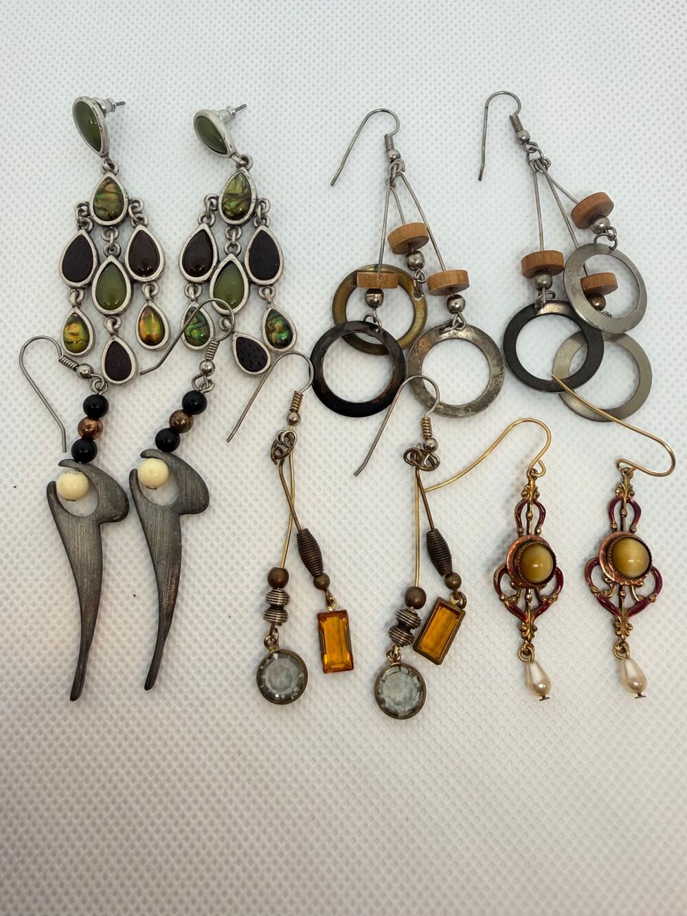 Vintage Earrings dangle mixed metals wood beaded artisan geometric 5 pairs